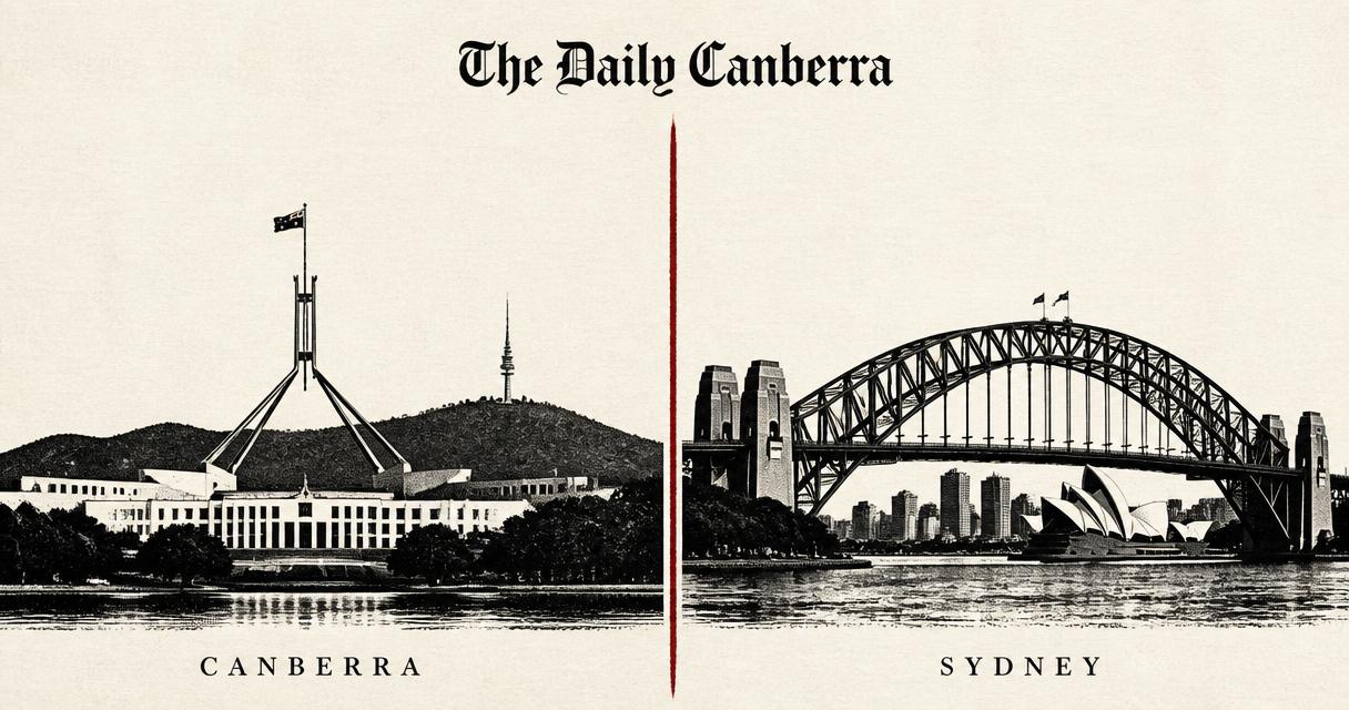 Editorial split illustration: Riyadh on the left and Sydney on the right